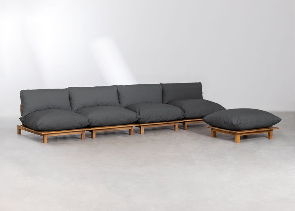 4-Piece Reclining Modular Sofa with Puff in Acacia Wood Brina