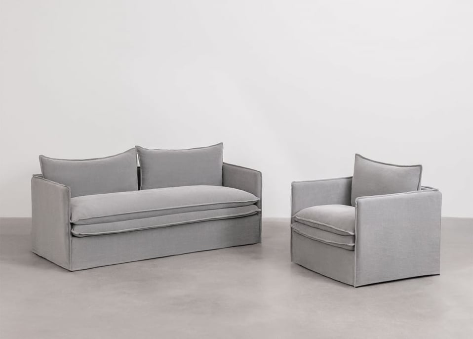 Living room set with 3-seater sofa and armchair in linen and cotton Grace