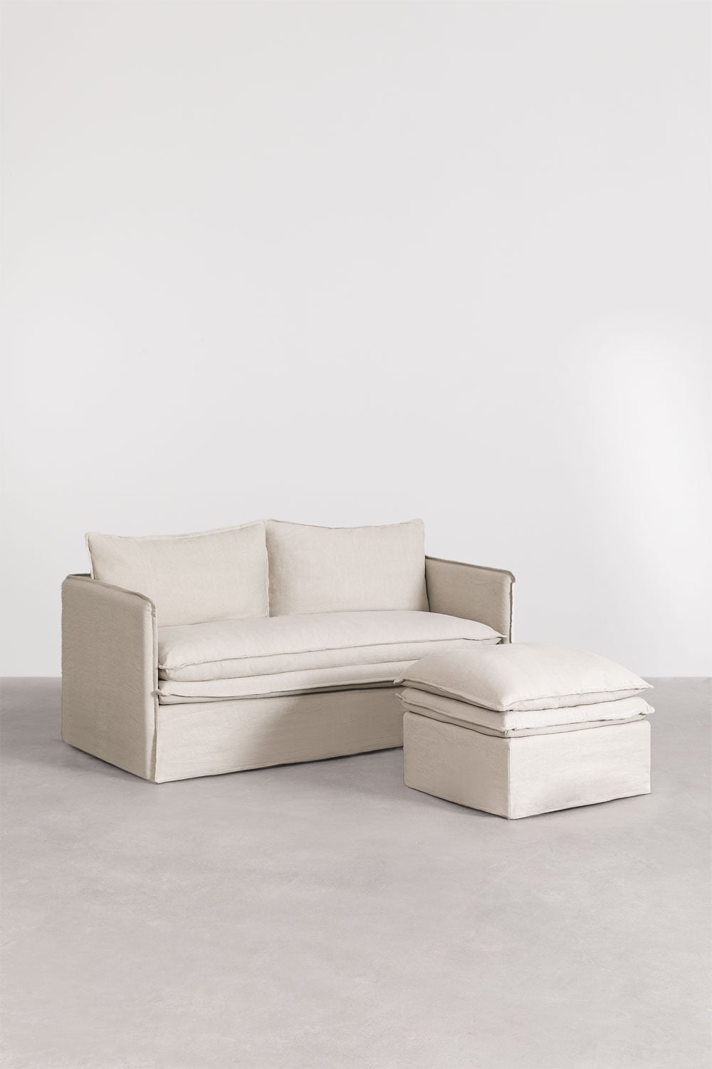 Grace linen and cotton living room set with 2-seater sofa and pouf, gallery image 3