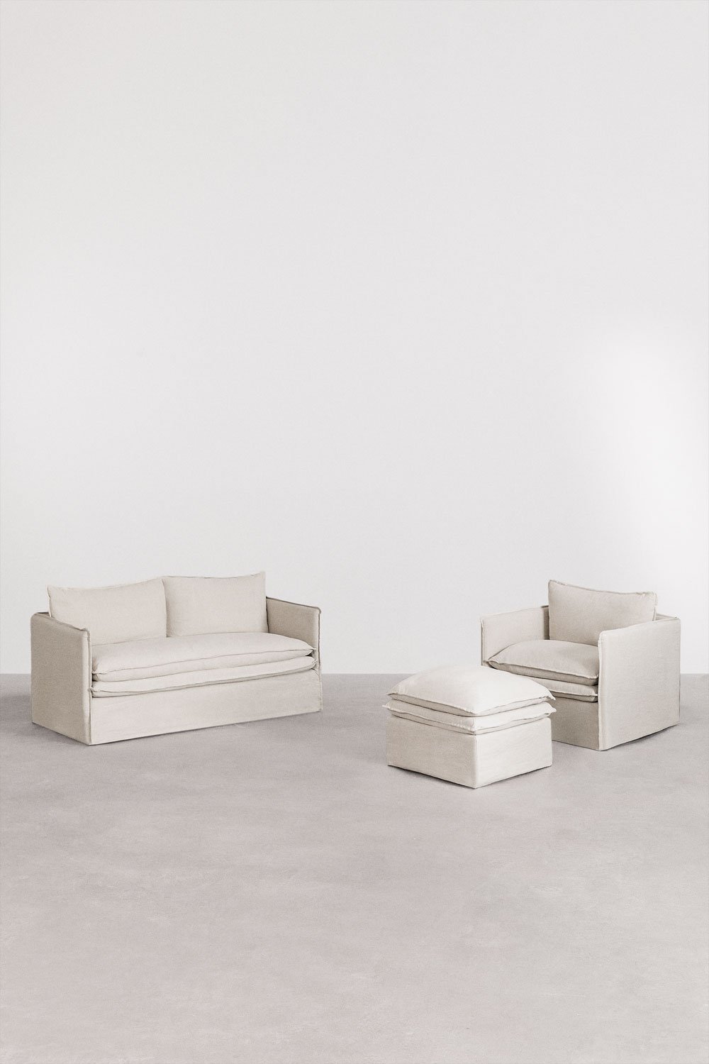 Living room set with a 2-seater sofa, armchair and pouf in linen and cotton Grace, gallery image 3
