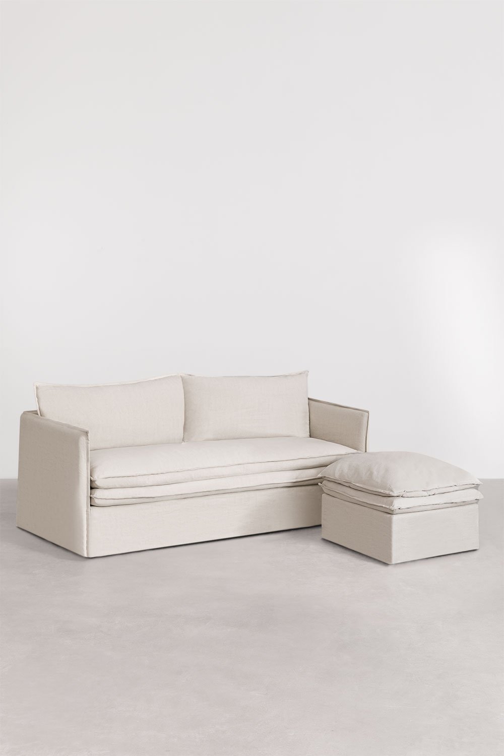 Living room set with 3-seater sofa and pouf in linen and cotton Grace, gallery image 3
