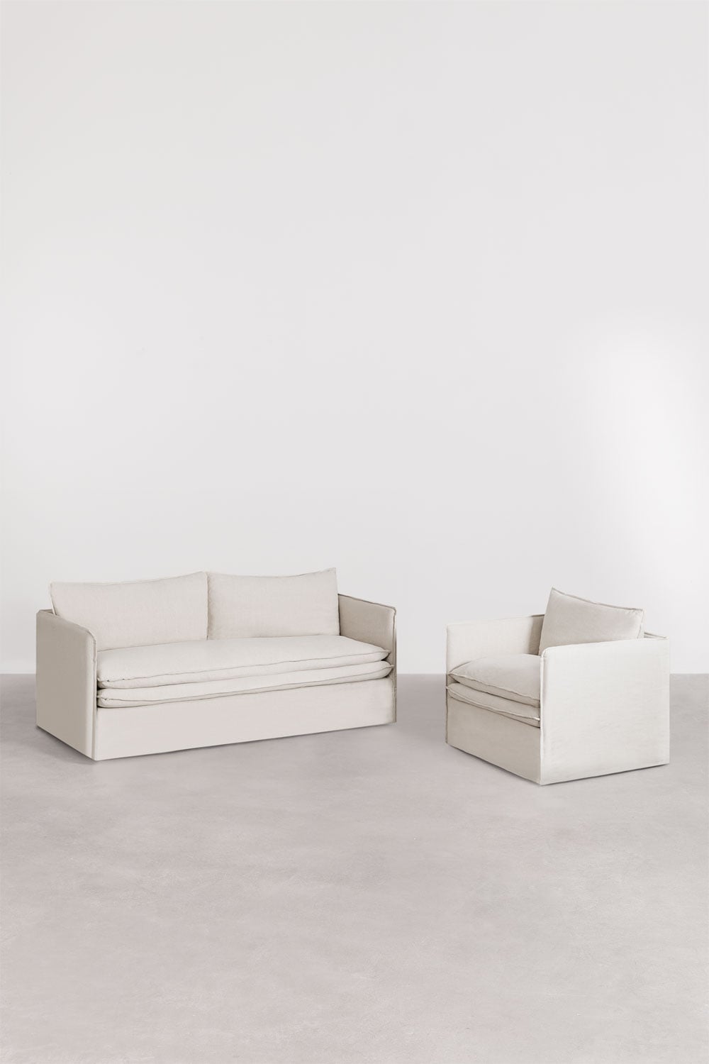 Living room set with 3-seater sofa and armchair in linen and cotton Grace, gallery image 1