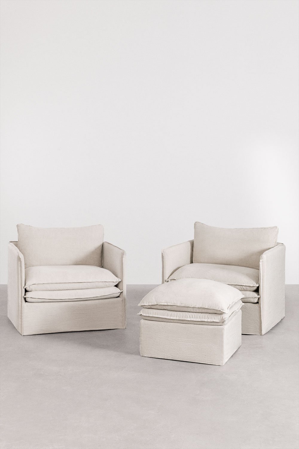 Living room set with 2 armchairs and a pouf in linen and cotton Grace, gallery image 3