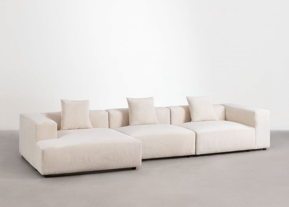 3-piece left chaise longue modular sofa ↔︎375 cm with high armrest Bruna - Corduroy Beige Nature