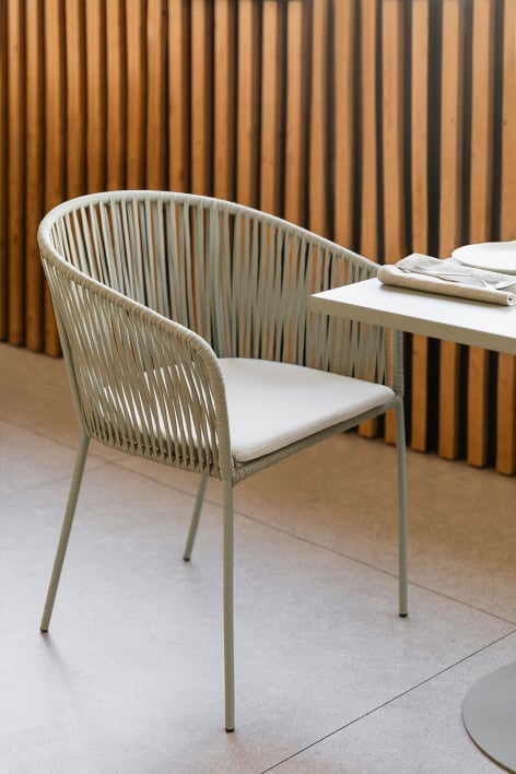 Jocelyn dining chair with iron armrests and braided rope - Green Khaki