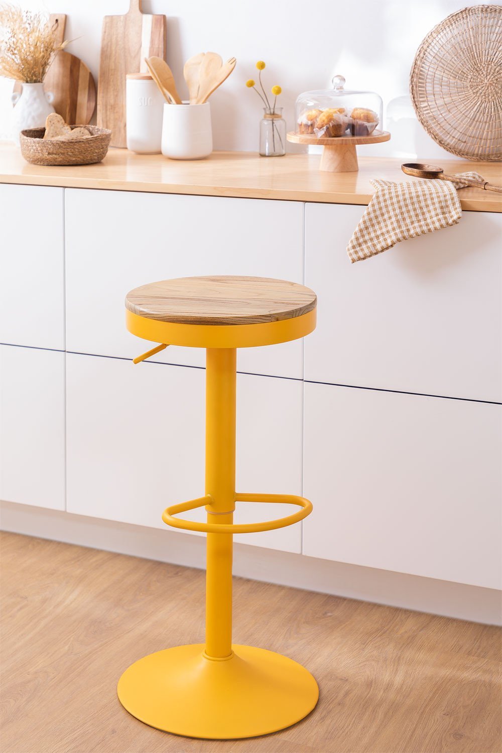 Pack of 2 adjustable high stools in steel and Bardder elm wood, gallery image 1