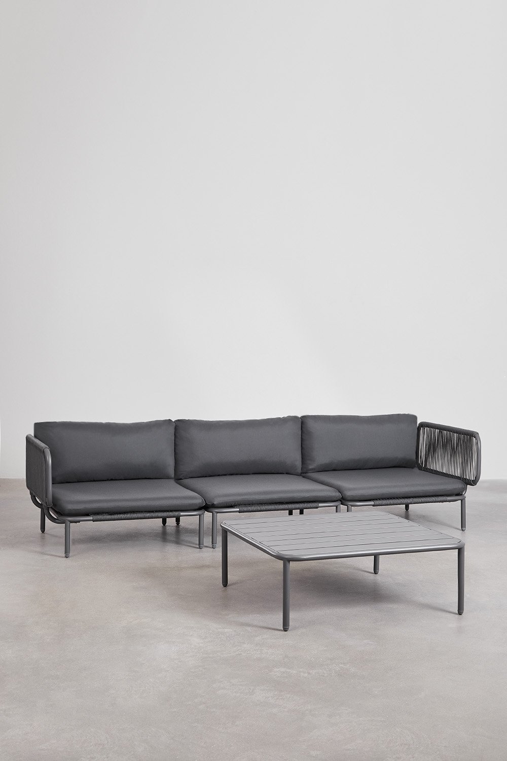 3-piece modular garden sofa with 2 corner armchairs and Roubly coffee table, gallery image 1