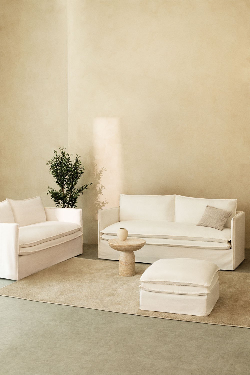 Living room set with 2-seater sofa, 3-seater sofa and pouf in Grace linen and cotton, gallery image 1