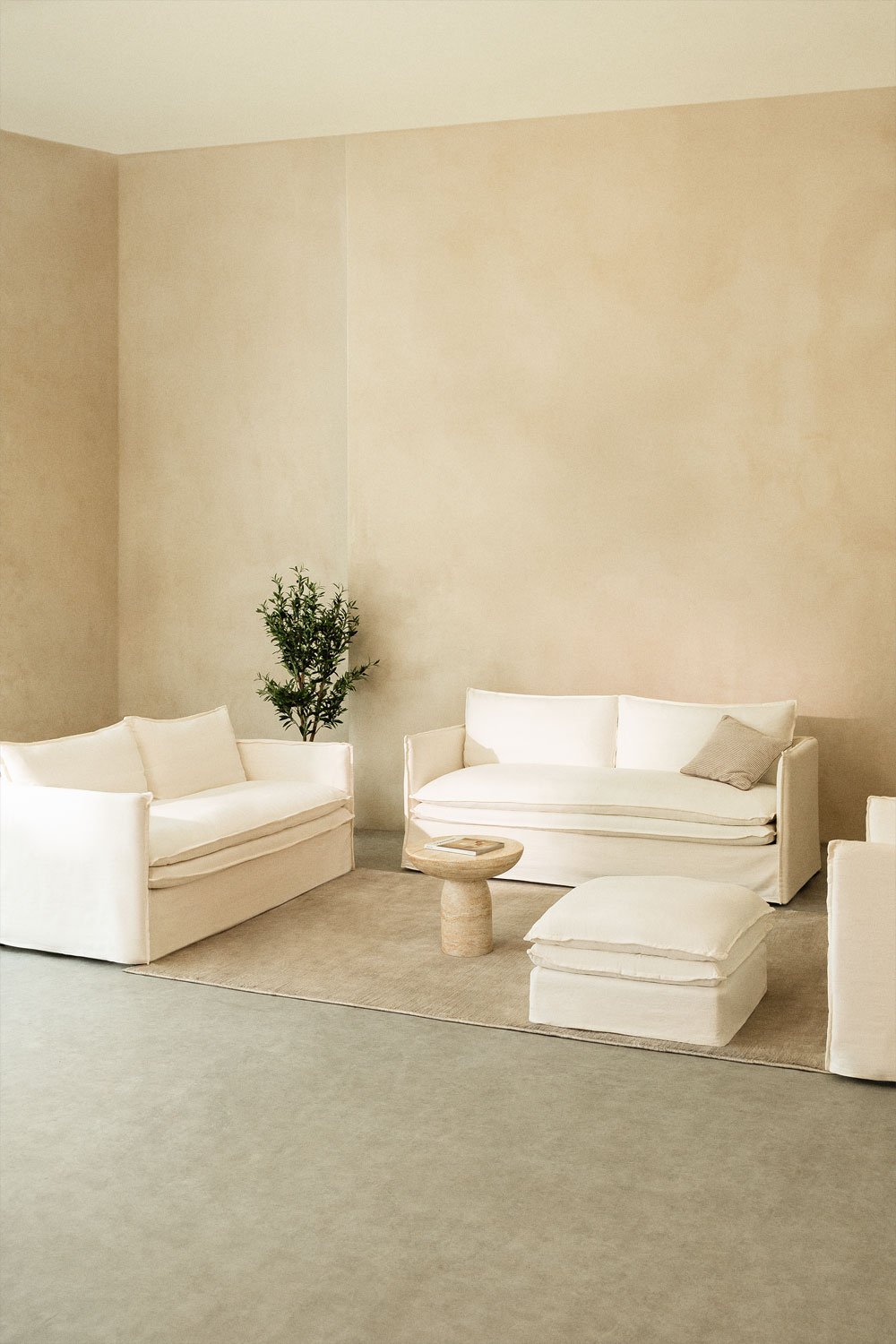 Living room set with 2-seater sofa, 3-seater sofa, armchair and pouf in Grace linen and cotton, gallery image 1