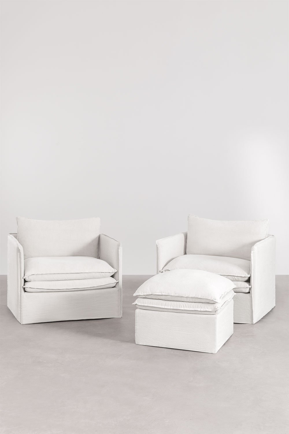 Living room set with 2 armchairs and a pouf in linen and cotton Grace, gallery image 3