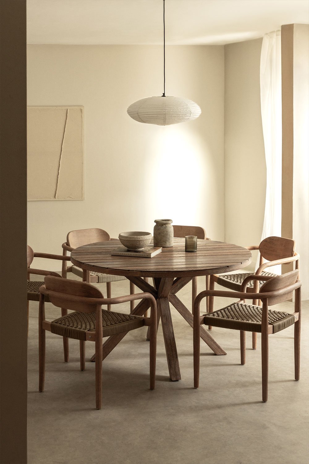 Round Table Set (Ø120 cm) and 6 Dining Chairs with Armrests in Naele Wood, gallery image 1