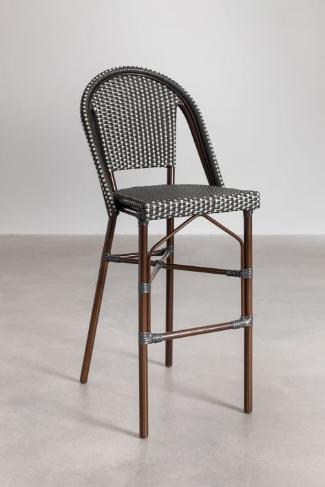 2-Pack high stools 75 cm stackable with backrest in aluminium and graphite grey synthetic rattan Brielle Bistro