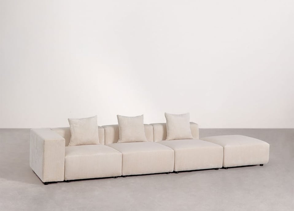 3-piece left corner modular sofa with high armrest and ottoman ↔︎370 cm Bruna - Corduroy Beige Nature