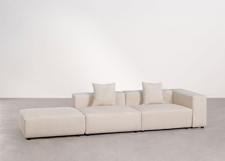 2-piece right corner modular sofa with high armrest and ottoman ↔︎345 cm Bruna - Corduroy Beige Nature