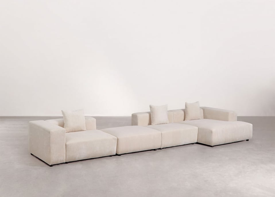 3-piece right chaise longue modular sofa with high armrest and pouf ↔︎480 cm Bruna - Corduroy Beige Nature