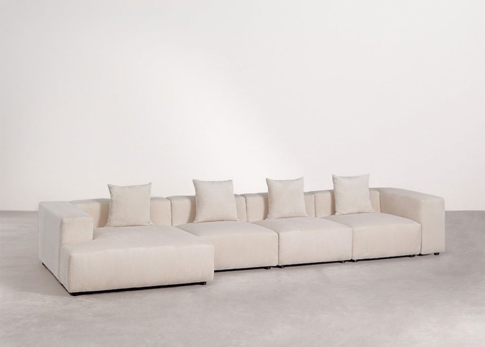 4-piece left chaise longue modular sofa ↔︎420 cm with high armrest Bruna - Corduroy Beige Nature