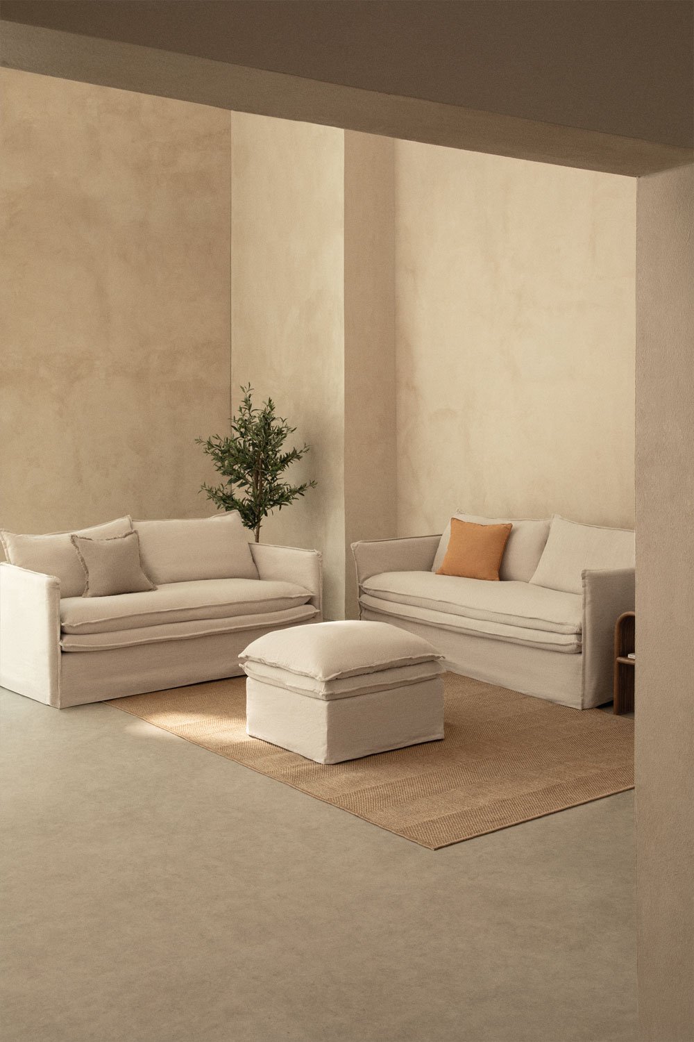 Living room set with 2-seater sofa, 3-seater sofa and pouf in Grace linen and cotton, gallery image 1