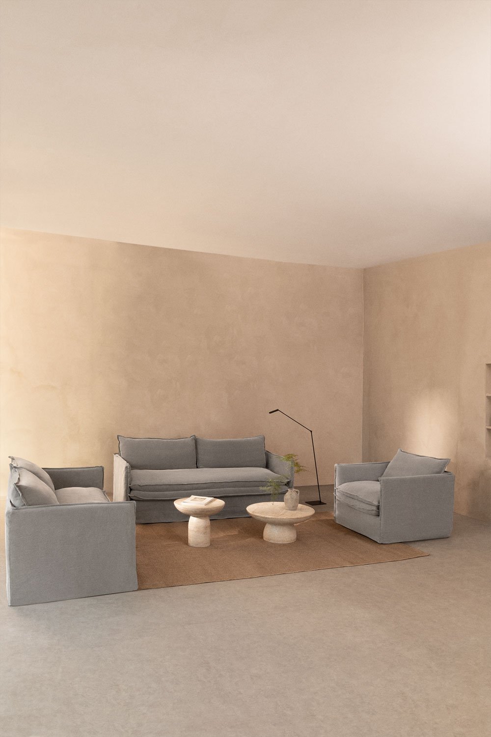 Living room set with 2-seater sofa, 3-seater sofa and Grace linen and cotton armchair, gallery image 1