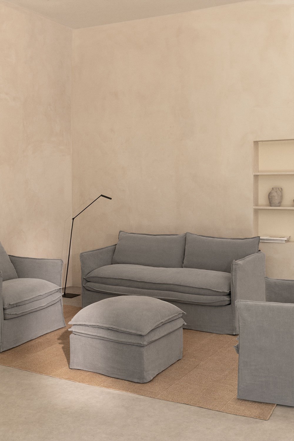 Grace linen and cotton living room set with 2-seater sofa, 2 armchairs and pouf, gallery image 1