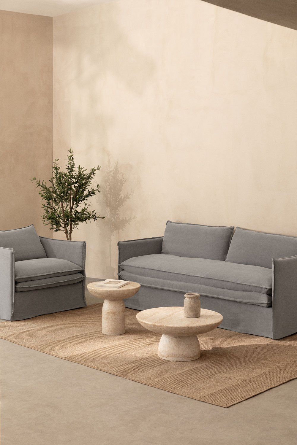 Living room set with 3-seater sofa and armchair in Grace linen and cotton, gallery image 1