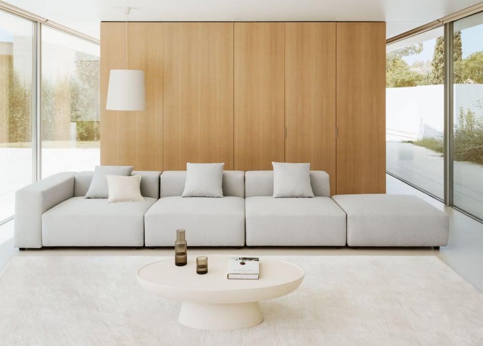 3-piece left corner modular sofa with high armrest and ottoman ↔︎450 cm Bruna - Fabric Glaciar Grey