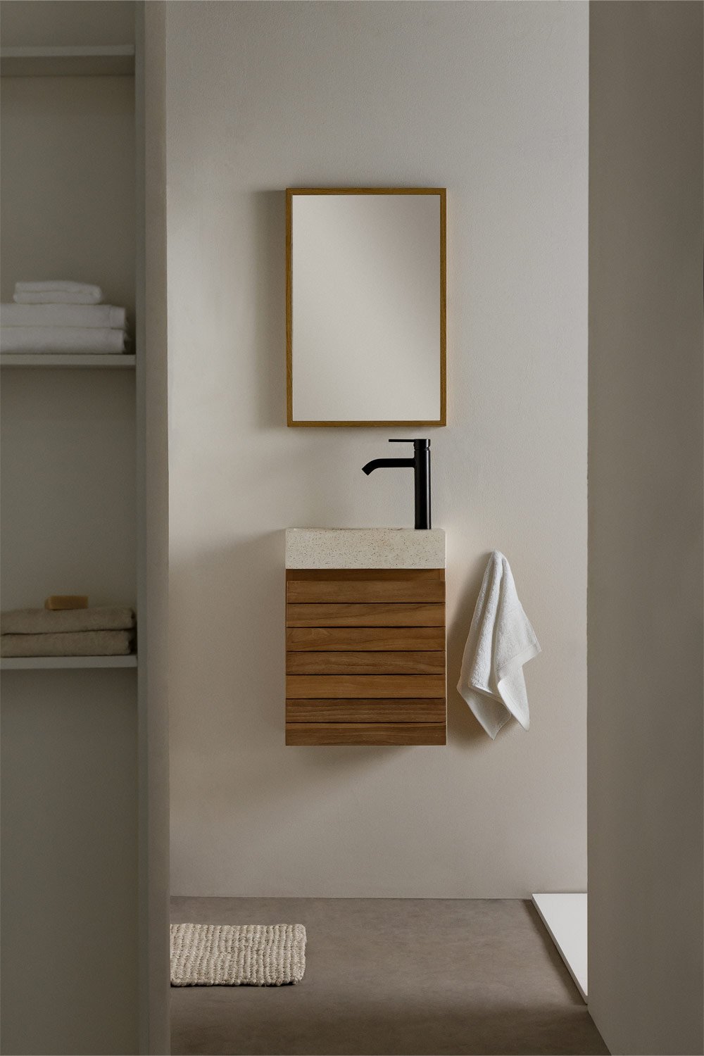 Bathroom furniture set in teak wood with integrated Napier cement washbasin, gallery image 1