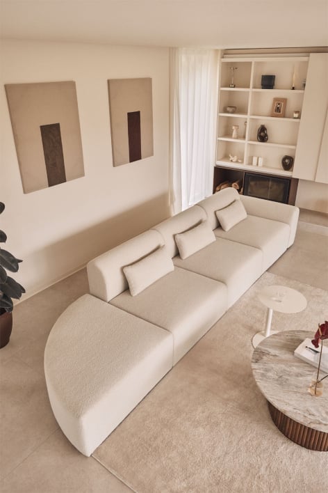 3-piece modular corner sofa with triangular pouf in Borjan sheepskin - Teddy Fabric White