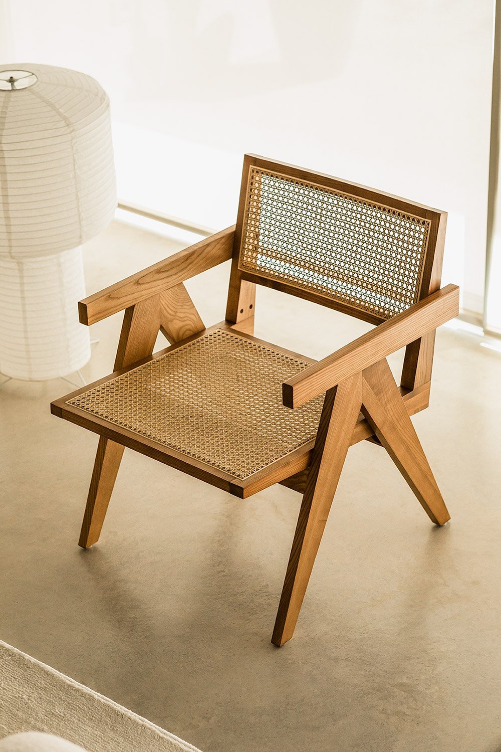 Lali armchair with armrests in ash wood and rattan, gallery image 1