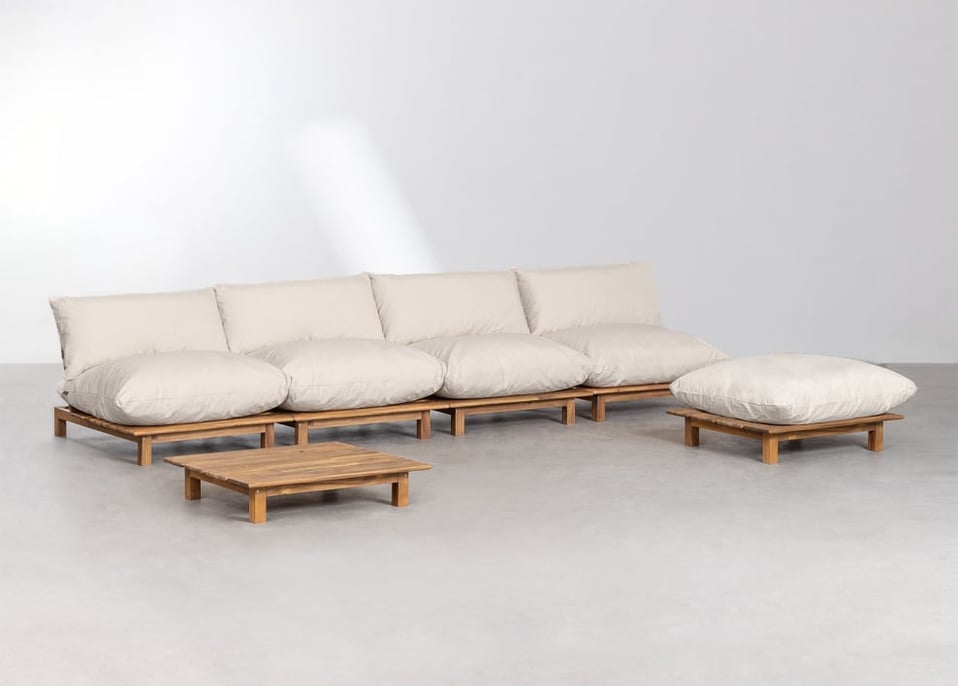 4-Piece Modular Reclining Garden Sofa with Coffee Table and Puff in Acacia Brina Wood