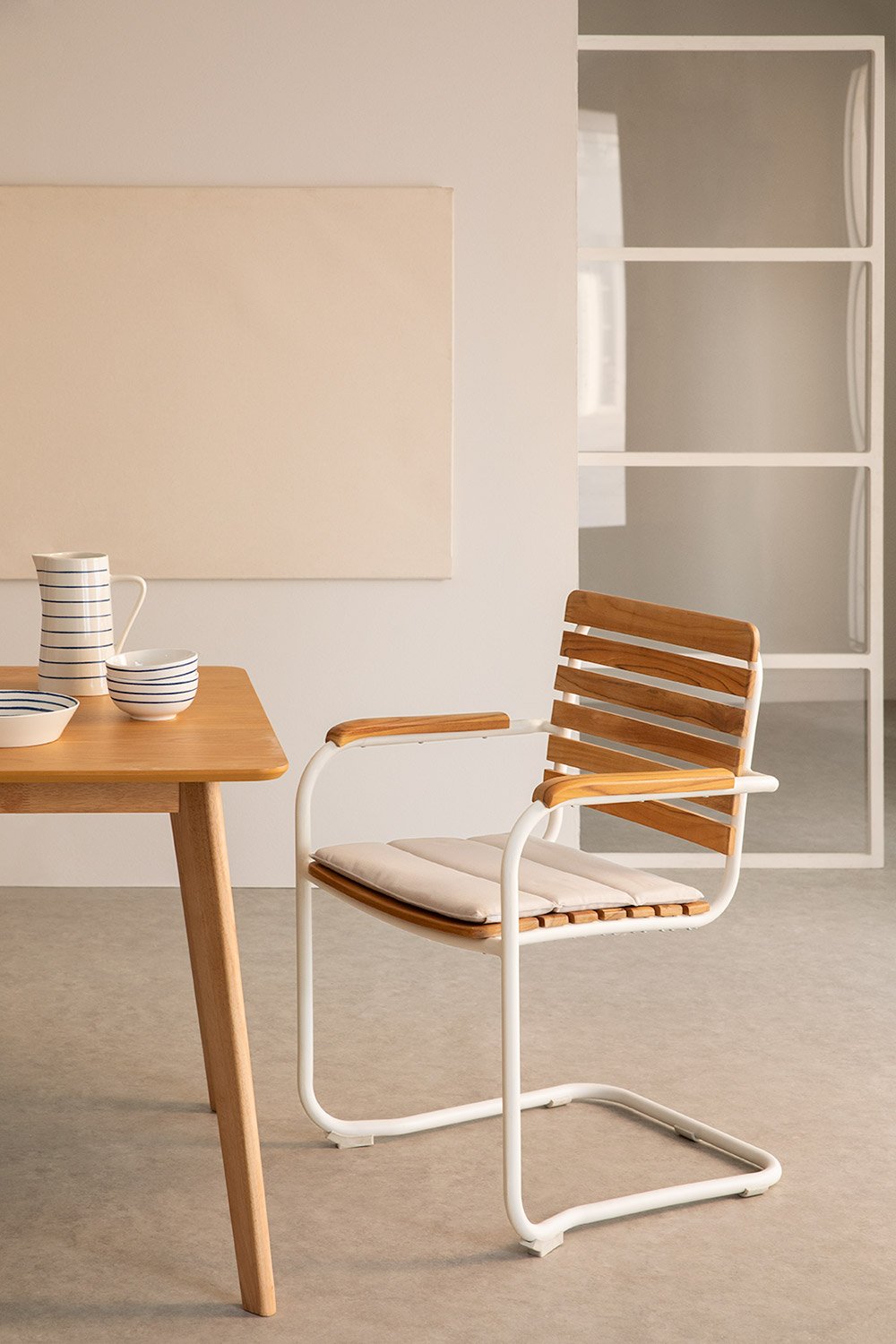 Lowel Teak Wood and Aluminum Dining Chair with Armrests, gallery image 1