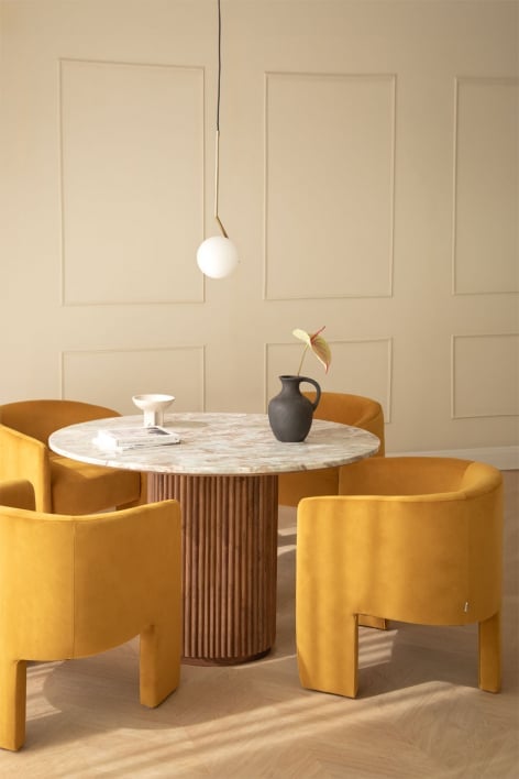 Set of round table in marble and mango wood (Ø120 cm) Giselda and 4 dining chairs in Xastru velvet - Marble