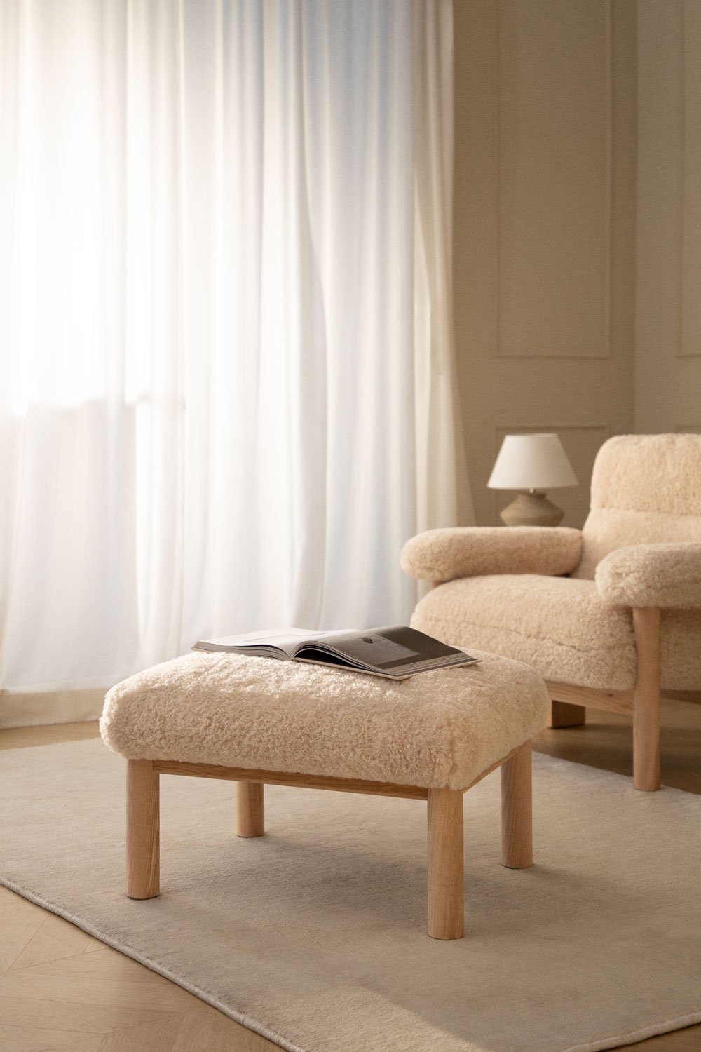 Footstool in sheepskin and Bernia ash wood, gallery image 1