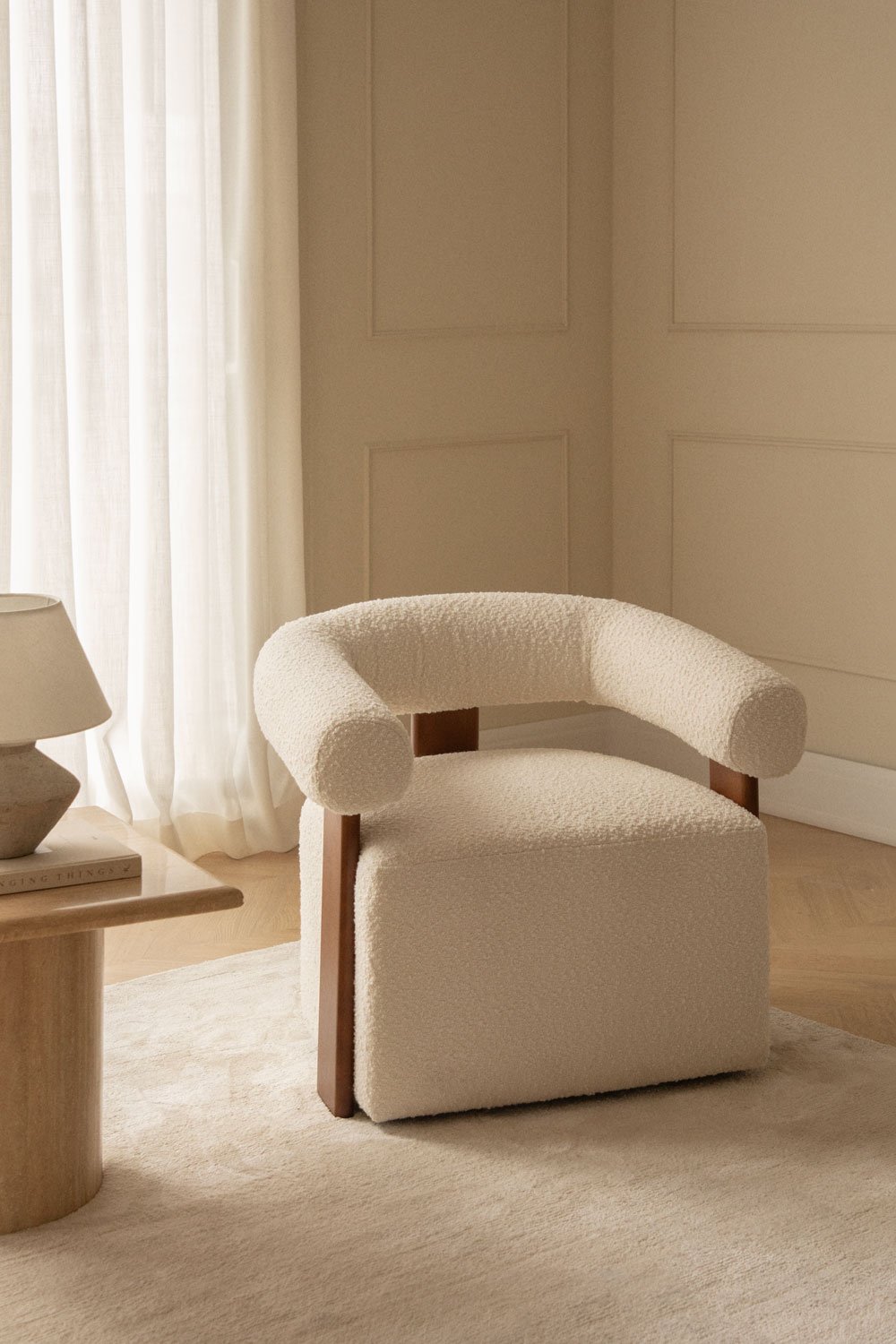 Armchair in bouclé fabric and rubber wood Mauro, gallery image 1