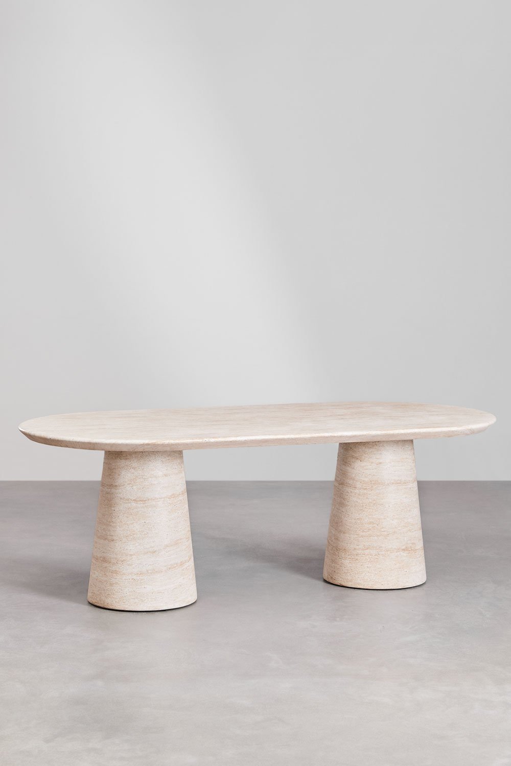 Set of oval table in travertine look cement (220x95 cm) Noemi and 8 dining chairs in oak wood Mara Signature, gallery image 2