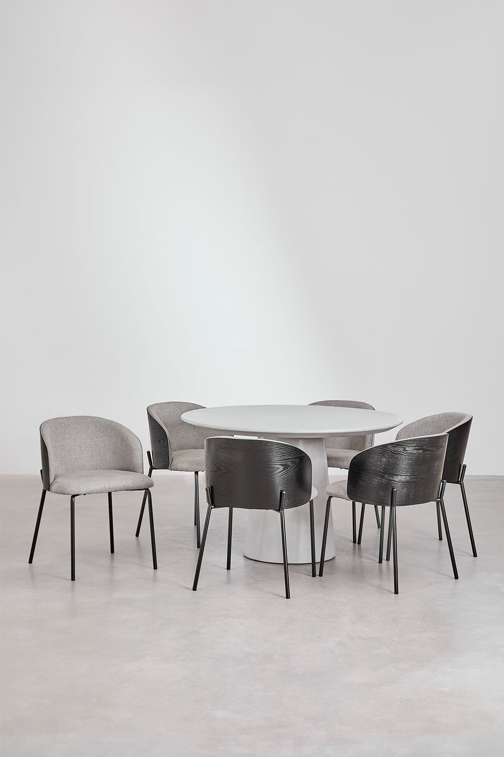 Set of round cement table (Ø120 cm) Noemi and 6 upholstered wooden dining chairs Amieva, gallery image 2