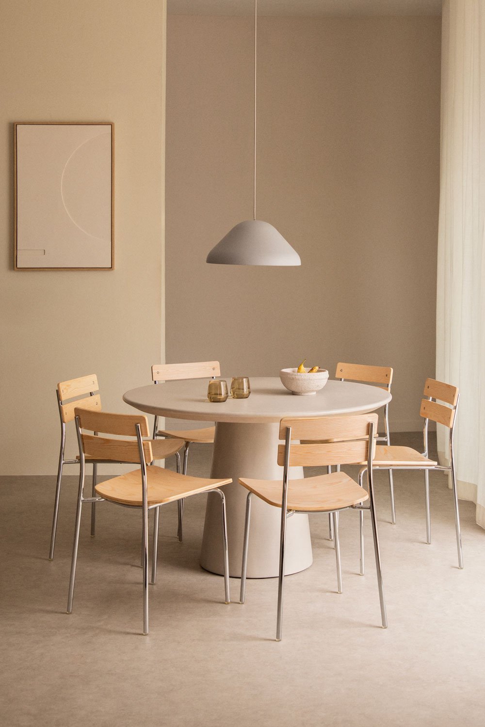 Set of round cement table (Ø120 cm) Noemi and 6 dining chairs in wood and steel Debie, gallery image 1