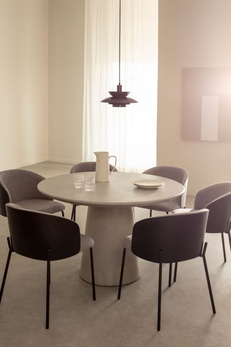 Set of Ø120 cm round cement table Noemi and 6 upholstered wooden dining chairs Amieva