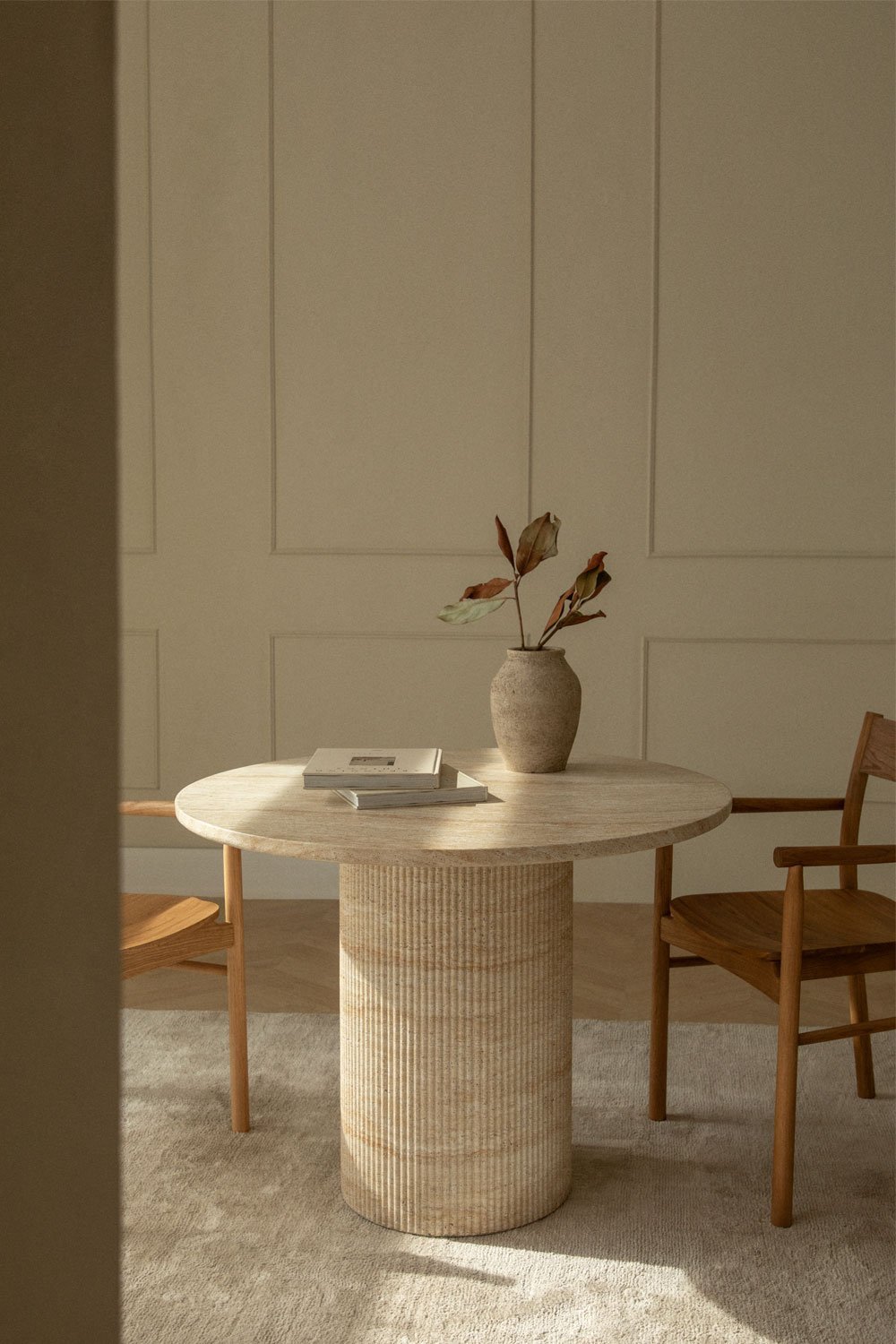 Round dining table in cement with travertine look (Ø100 cm) Velia, gallery image 1