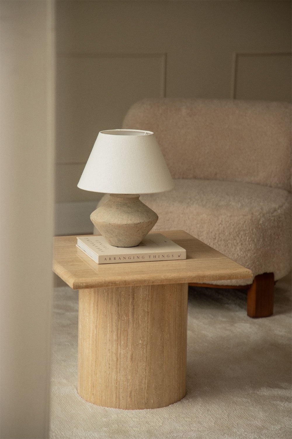 Lausanne travertine square side table, gallery image 1