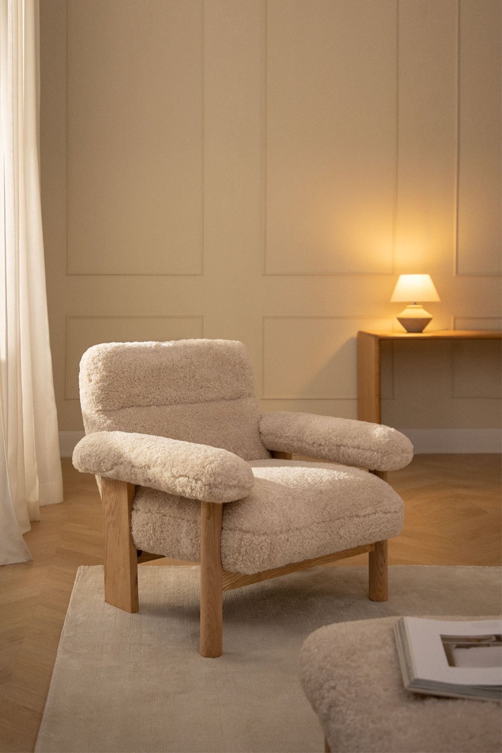 Bernia Style sheepskin and ash wood armchair, gallery image 1