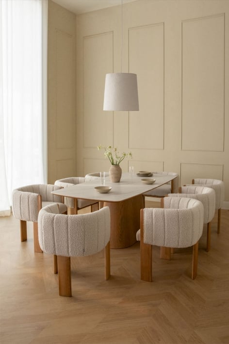 Rectangular table set with ceramic veneer (200x100 cm) Aura and 8 dining chairs in ash wood and bouclé Leo fabric