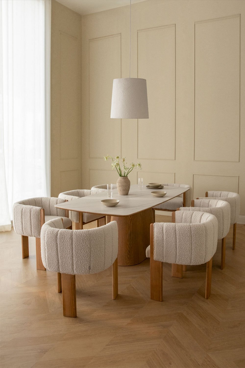 Rectangular table set with ceramic veneer (200x100 cm) Aura and 8 dining chairs in ash wood and bouclé Leo fabric, gallery image 1