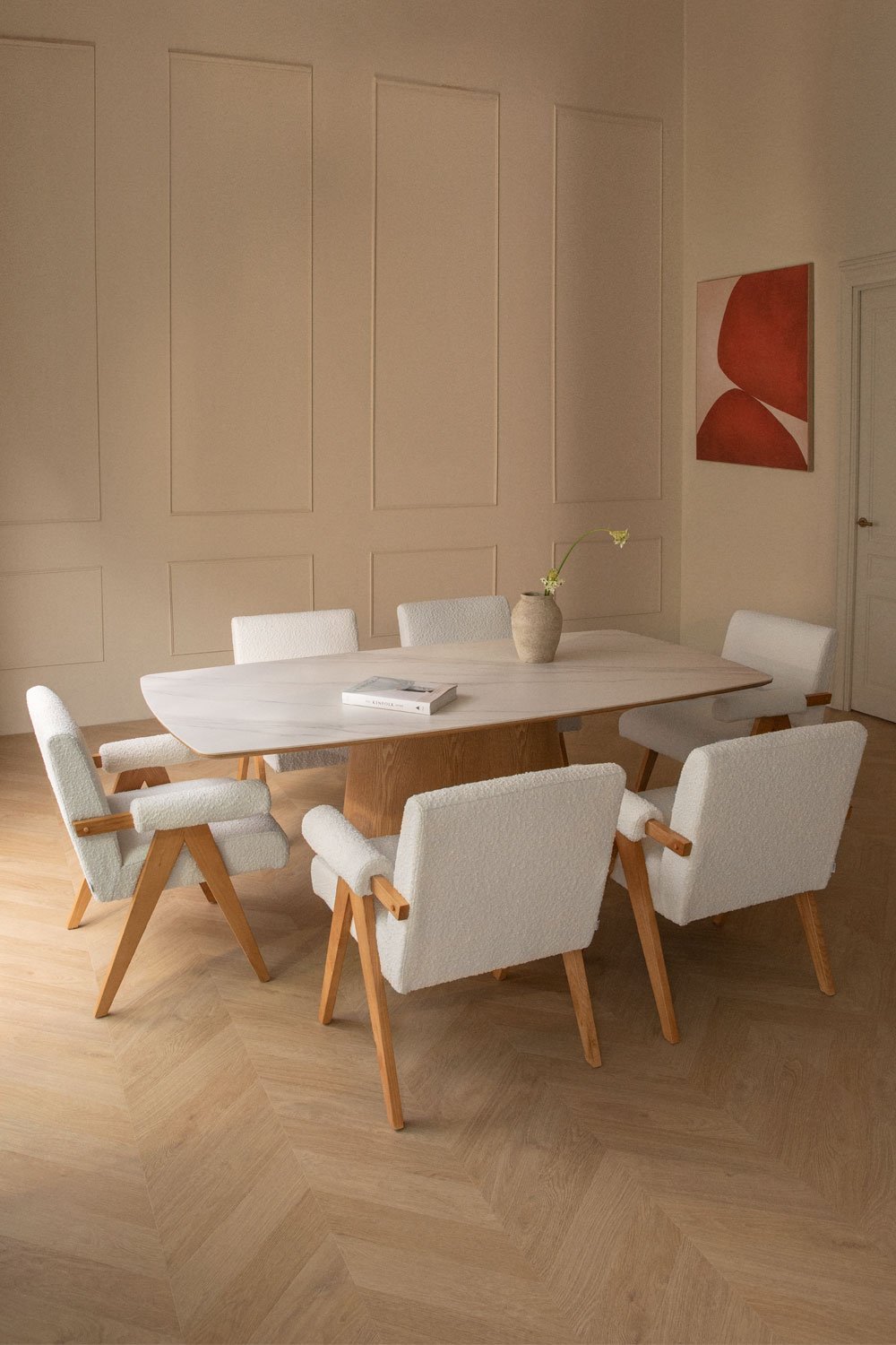 Rectangular table set with ceramic veneer (200x100 cm) Aura and 6 dining chairs in ash wood and Lucca bouclé fabric, gallery image 1