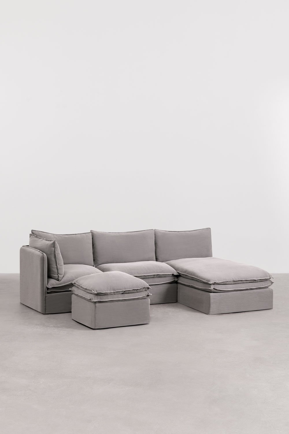 Grace 3-piece modular chaise longue sofa and ottoman in linen and cotton, gallery image 1