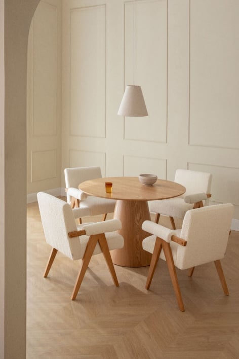 Set of round table in ash veneer (Ø120 cm) Aura and 4 dining chairs in ash wood and Lucca bouclé fabric