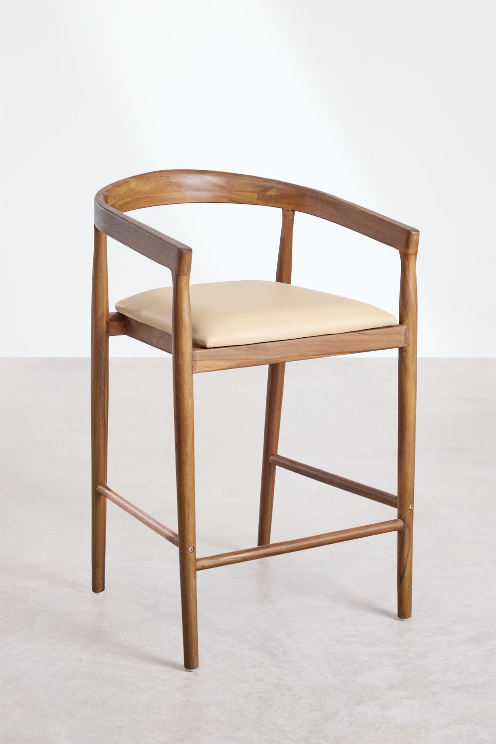 4-Pack high stools 70 cm in teak wood and vintage beige leather Visby, gallery image 2