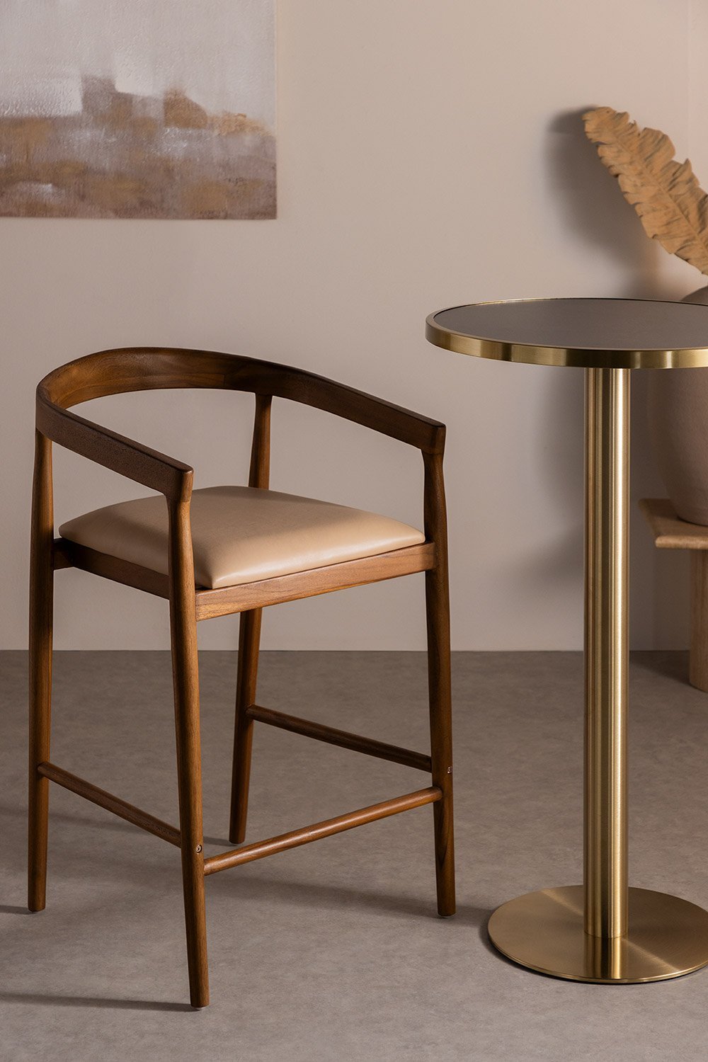 4-Pack high stools 70 cm in teak wood and vintage beige leather Visby, gallery image 1