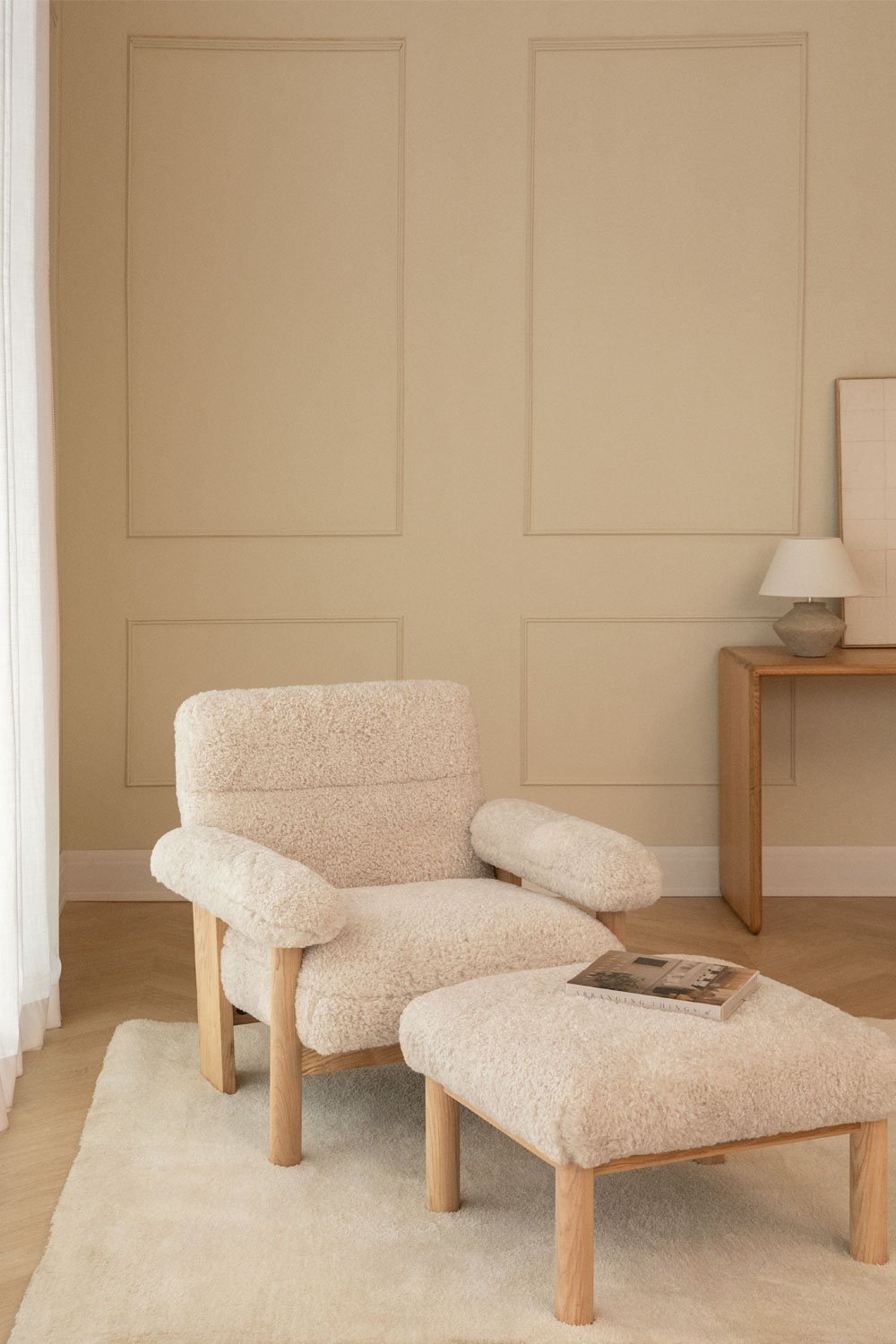 Armchair with footrest in sheepskin and Bernia ash wood, gallery image 1