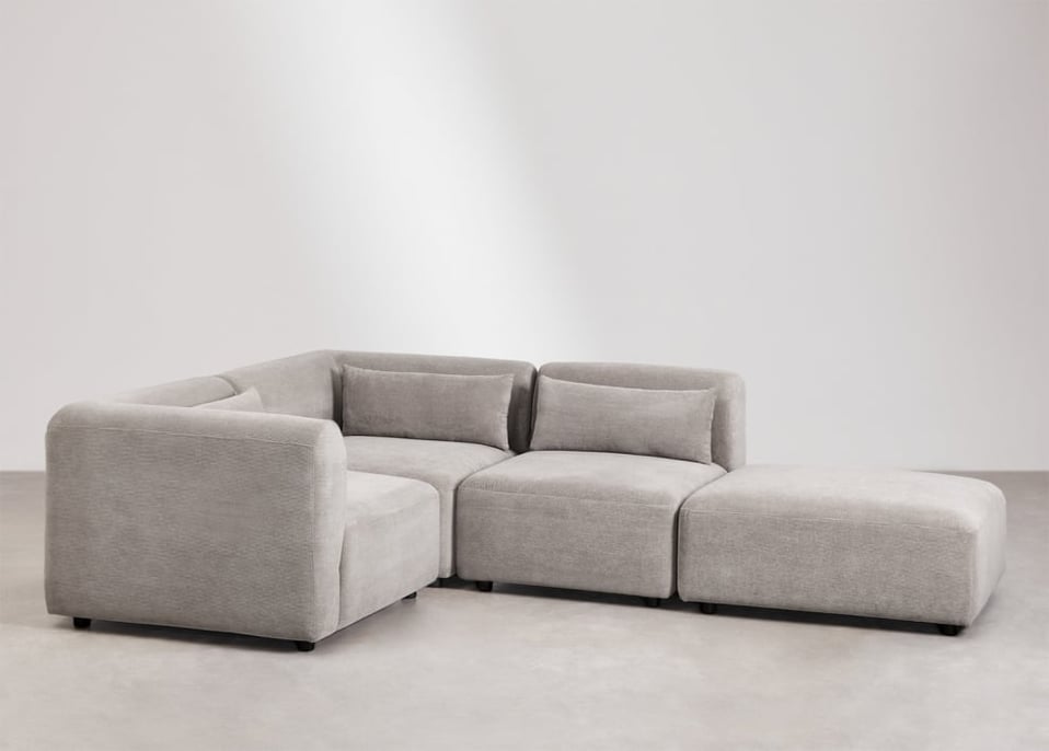 Fogler 3-piece modular corner sofa with pouf - Corduroy Light Grey Taupe