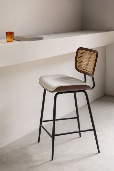 High stool 65 cm in dark wood, rattan and off-white faux leather Raysa